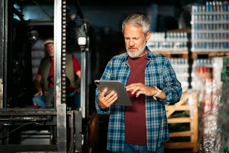 Warehouse manager using digital tablet and controlling warehouse operations with forklift operator in background