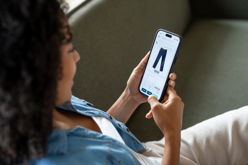 Close-up on a young woman at home online shopping on her cell phone - lifestyle concepts