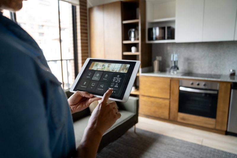Close-up on a woman controlling the temperature of her smart home using a mobile app on a digital tablet