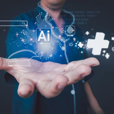 Hand holding glowing AI and medical symbols.