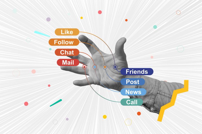 Art collage of a hand reaching for colorful social media icons labeled. Concept of social media engagement. Online connection, communication, and networking in the digital age