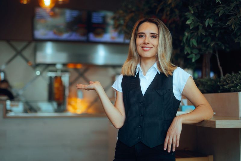 Nice cheerful restaurant worker being friendly and inviting