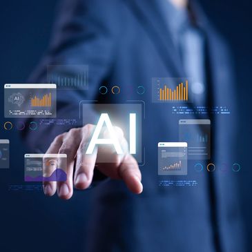 Businessman interacting with AI data visualizations in a futuristic digital interface.