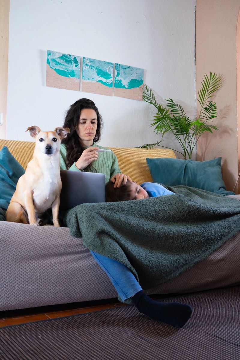 Mother looking at thermometer while checking temperature of sick child lying on sofa with dog at home