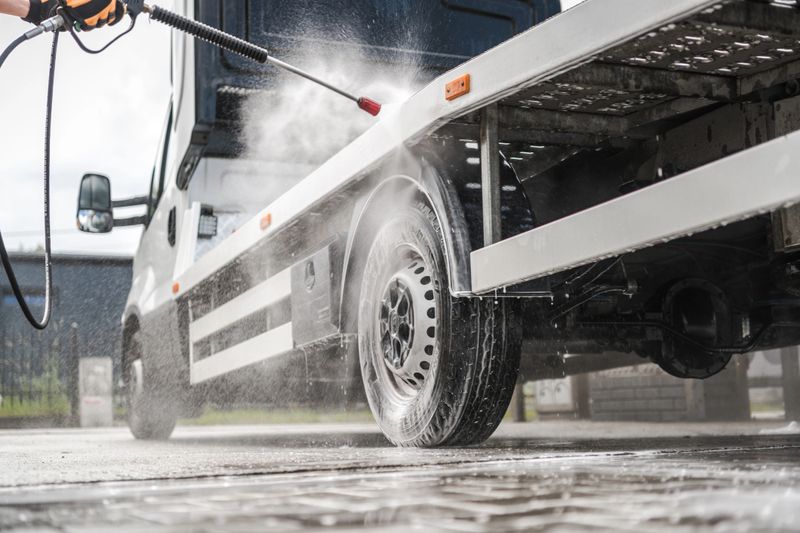 A delivery truck is being cleaned with a pressure washer at a service station. Water and soap foam spray around the vehicle, ensuring it looks pristine.