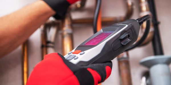 Person using a handheld diagnostic device on pipes.