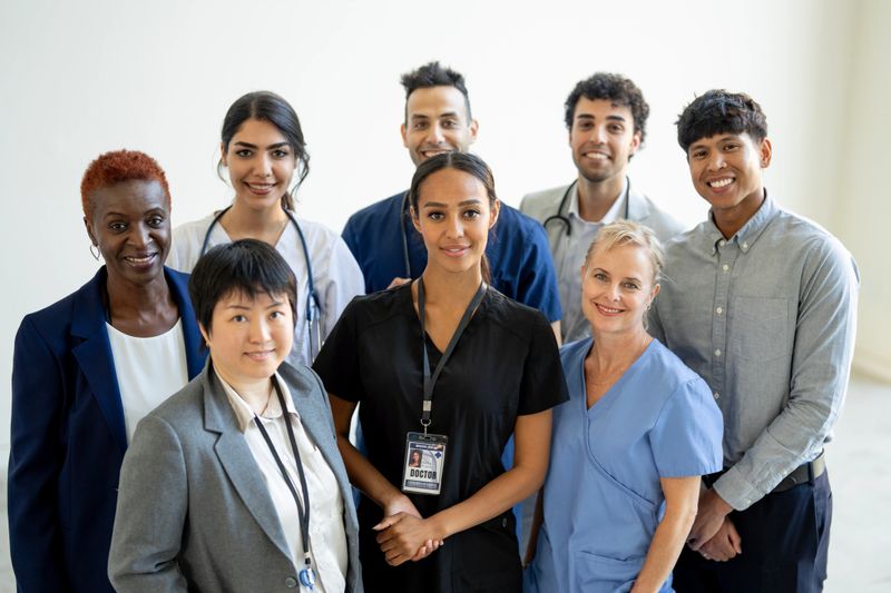 A diverse group of healthcare professionals, including male and female doctors and nurses, smiling confidently. Highlighting teamwork, medical unity, and professionalism in an inclusive healthcare environment.