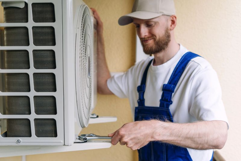 Man in blue overall install, maintenance and repair air conditioning unit outdoors, using screwdriver tool, working outside the residential or office building