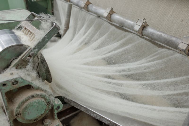 Wool web drafts from a carding drum toward sliver and yarn production inside a textile mill, showing clean natural fiber processing.