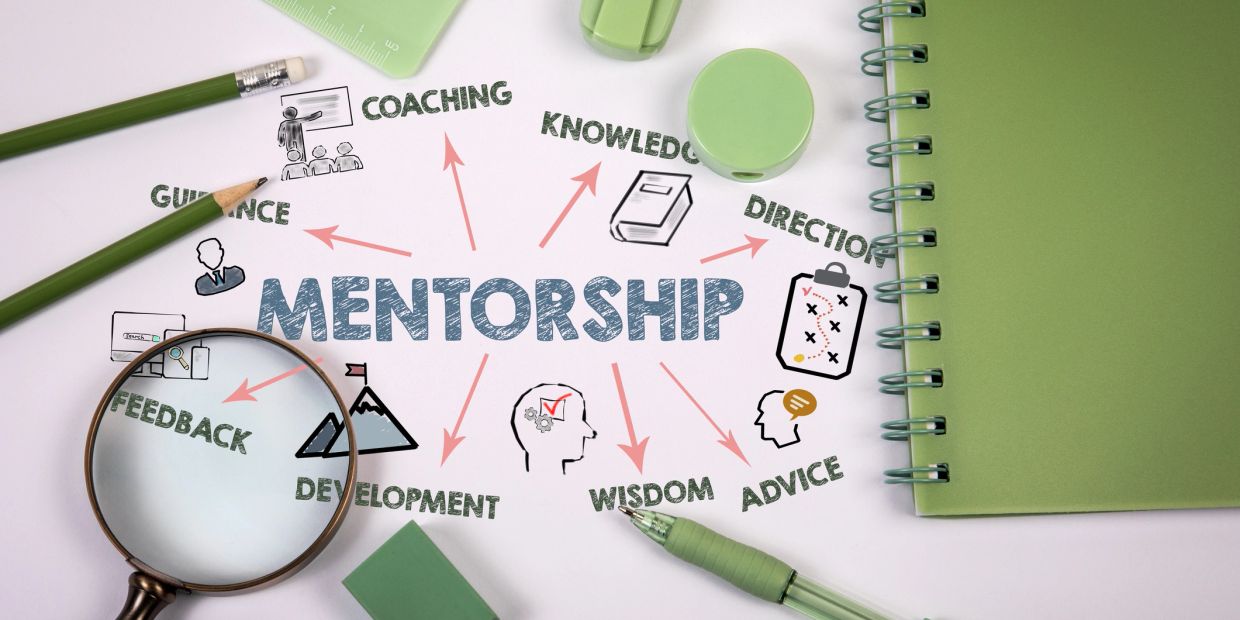 Concept of mentorship with related keywords and green stationery.