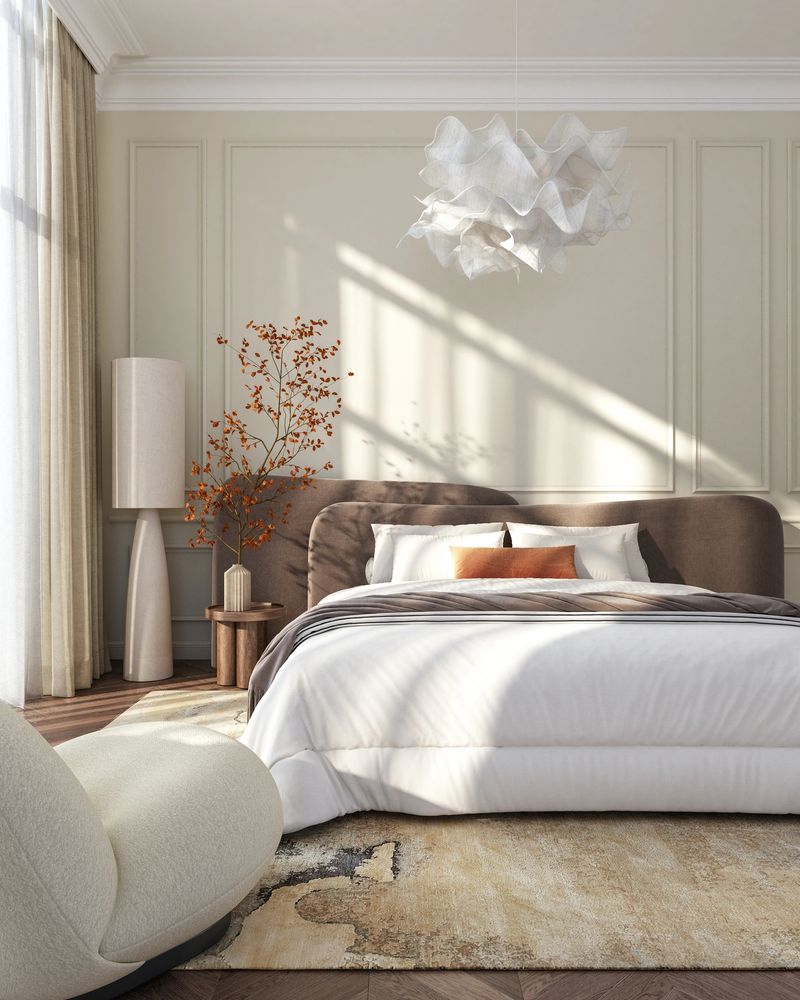 Modern interior of bedroom with beige, brown, orange colors and wooden furniture, 3d render