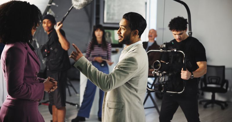Man, actor or camera with scene in production studio for action, take or roll play on set. Male person, crew or cast in character for film making, movie or recording for cinematography or videography