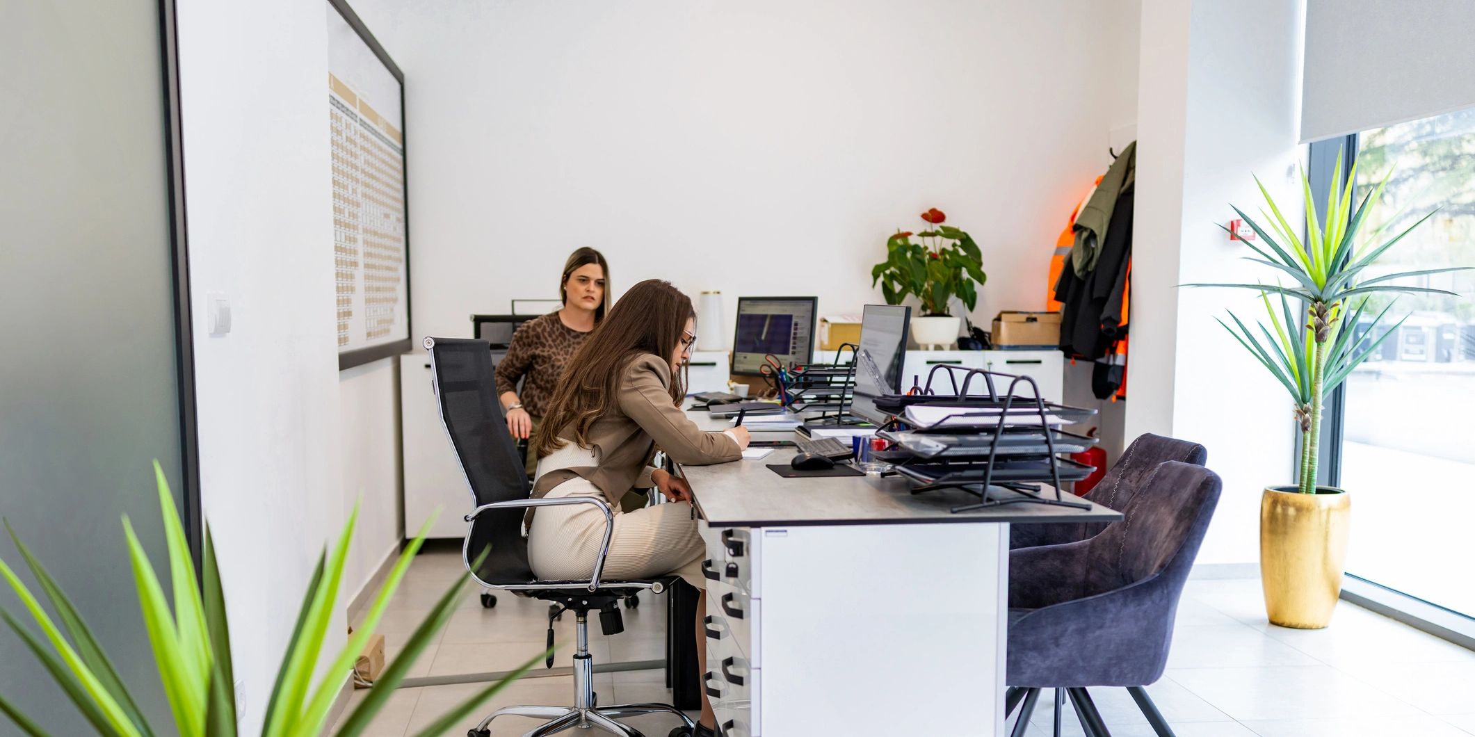 Two women working together at a modern office desk.