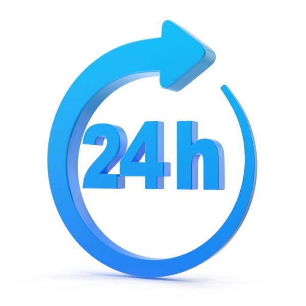 Blue 24h symbol with circular arrow indicating around-the-clock service.