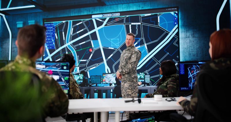 Army Control Center Meeting With Diverse Team Developing Military Strategy.