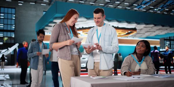 People discussing and taking notes at a tech event or conference.