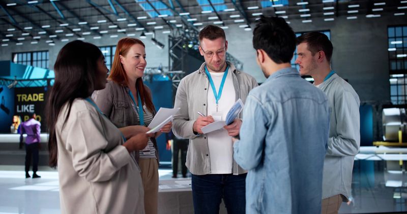 Man Presenting New Technology To Diverse Group In Crowded Convention Hall.