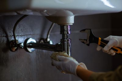 Person fixing a sink pipe with a wrench.