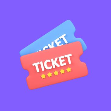 Two colorful tickets on a purple background, one red and one blue.