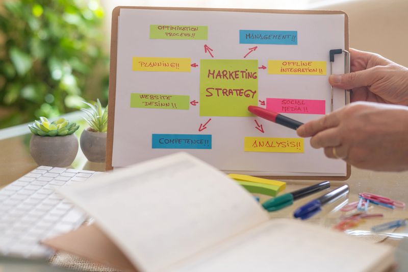 Marketing manager crafting a comprehensive marketing strategy with vibrant sticky notes and an organized flow chart on a clipboard, actively working in a dynamic office environment