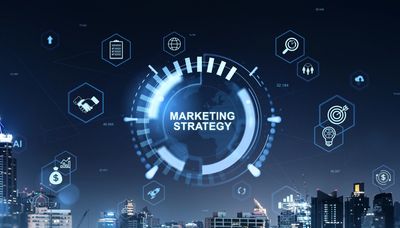 City skyline with digital marketing strategy icons and futuristic interface overlay.
