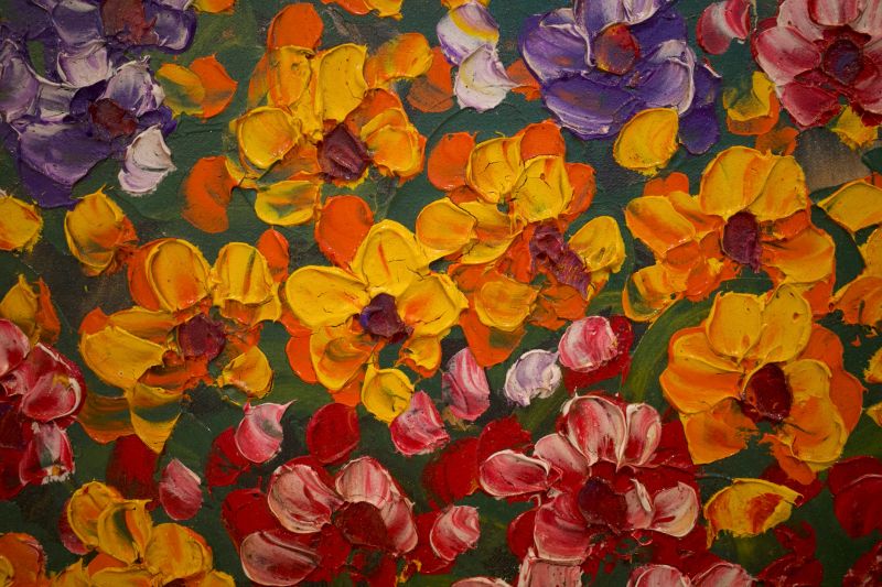 Vibrant abstract pattern oil painting of colorful flowers. Art background.