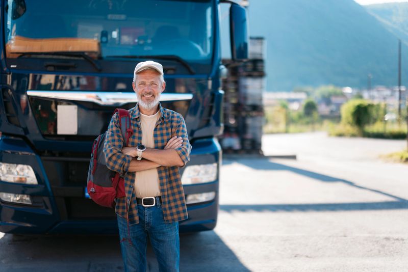 Portrait of a confident mature truck driver standing with arms crossed in front of his truck, ready for a new delivery