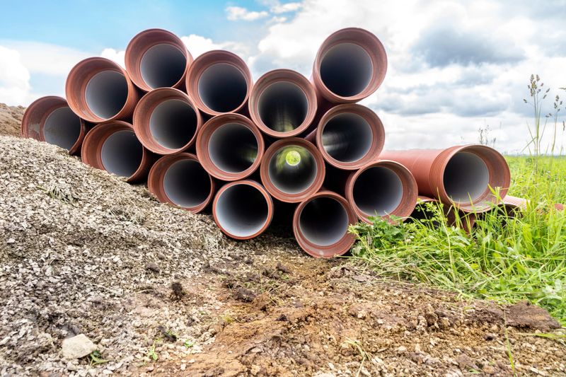 sewer pipes lie waiting to be laid in a trench in accordance with the underground infrastructure project, selective focus