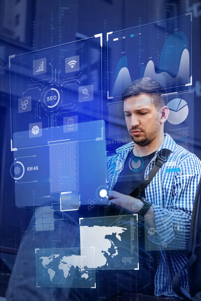 A man sits focused in a city setting, using a laptop surrounded by floating digital displays showing analytics, graphs, and statistics, highlighting his work in data analysis.