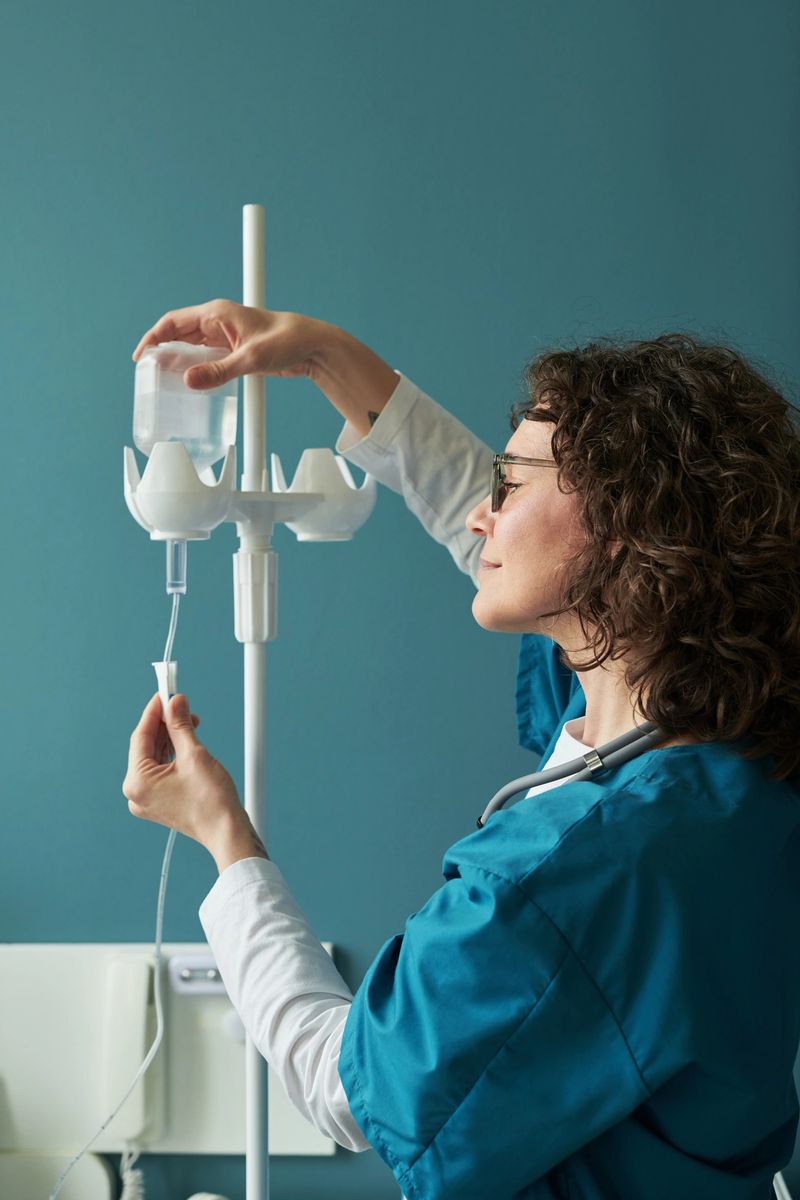 Middle aged Caucasian woman nurse preparing intravenous drip in hospital room, adjusting IV bag and tubing with focused expression, wearing medical scrubs and stethoscope