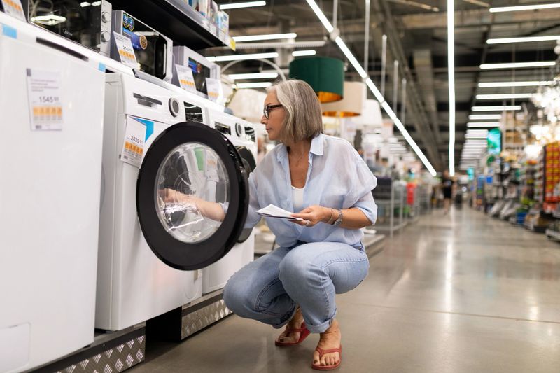 A woman squats by a washing machine in a well-lit appliance store, carefully inspecting the features while holding a product brochure. Bright overhead lights illuminate the space.