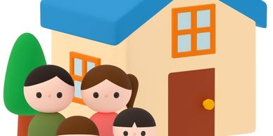 Cartoon family of four standing in front of their house with a tree.