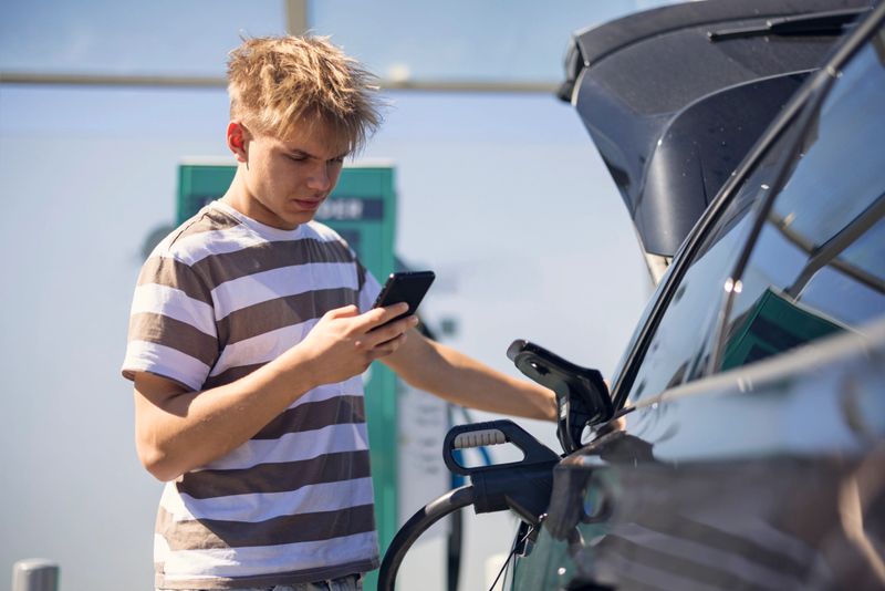 Teenage boy stands next to a modern electric vehicle (EV) at a city-based charging station. The EV is actively charging, with the cable plugged into the vehicle’s charging port. The boy is engaged with his smartphone, using a dedicated app to monitor and control the charging process - adjusting settings, checking battery status and verifying payment. The background features typical urban architecture and charging infrastructure.Shot with Canon R5