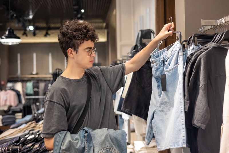 Teenager Browsing Clothes in a Retail Store. Young Man Shopping for Modern Apparel. Adolescent boy in clothing shop choosing casual wear, youth style and fashion identity.