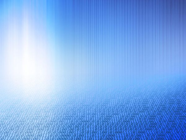 Abstract digital background with binary code and blue gradient.