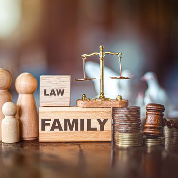 Blocks spelling out family law with scales, gavel, and coins.