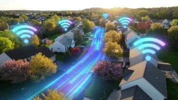 Neighborhood with Wi-Fi signals illustrating connectivity.