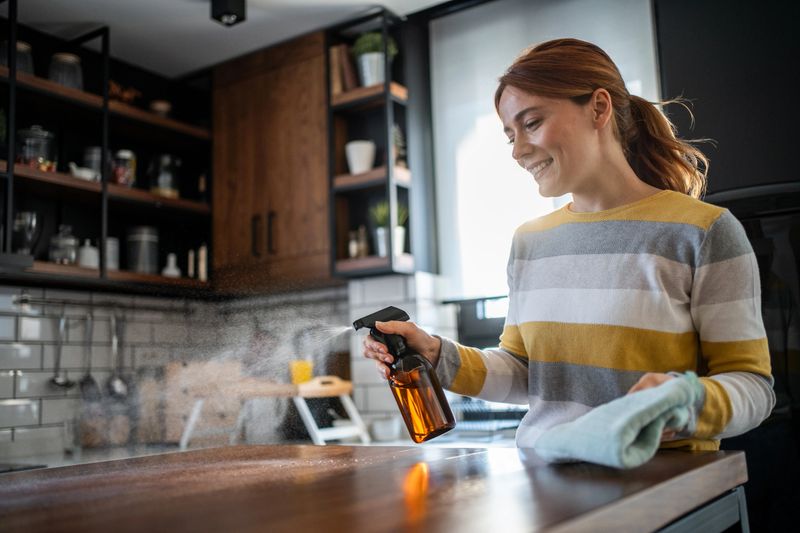 Young woman smiling while spraying a cleaning product on the kitchen counter, preparing to wipe it down with a cloth, embracing her house chores with a cheerful attitude
