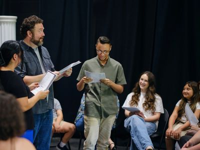 Group reading and rehearsing a script together.