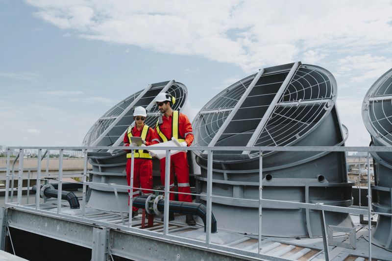 Industrial engineers working as a team, maintaining pipes, valves, air conditioning, refrigeration, HVAC systems at construction site. Male technicians in red safety uniforms checking pipe valves.