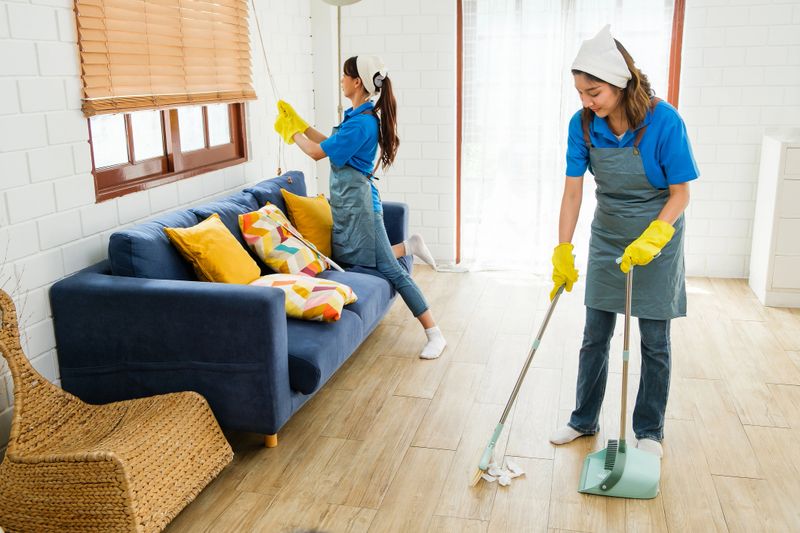 Two uniformed cleaners wearing gloves tidy a modern living room, one mopping the wooden floor with a dustpan while the other dusts window blinds near a sofa in a bright home interior.