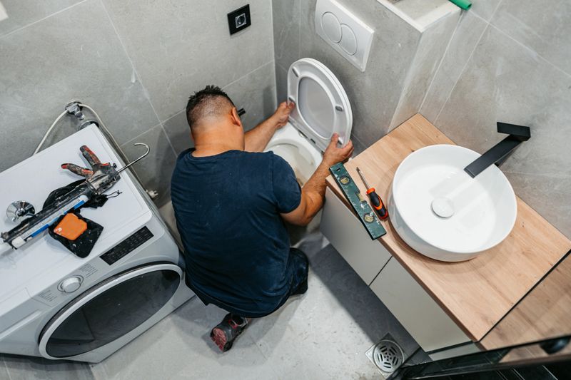 Mid-adult plumber installing a toilet bowl in an apartment.