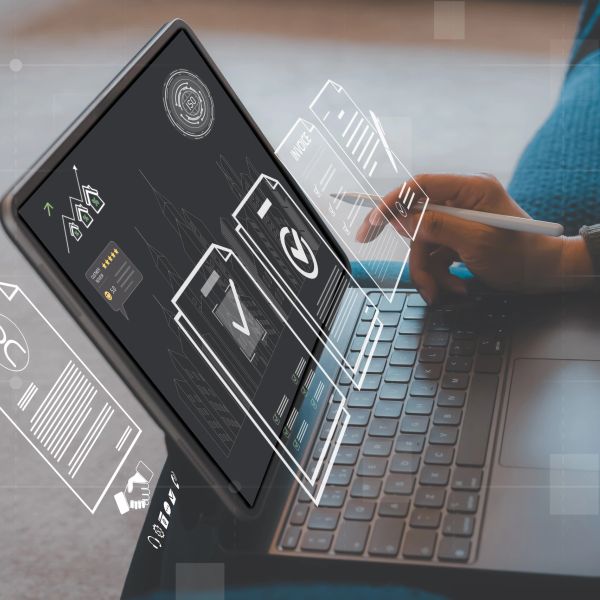 Person using a laptop with digital document icons floating above the keyboard.