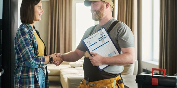 Woman shaking hands with a worker holding a clipboard.