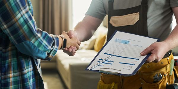 Two people shaking hands, one holding a clipboard with a document.