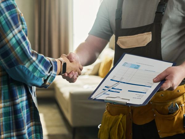 Two people shaking hands, one holding a clipboard with a form.