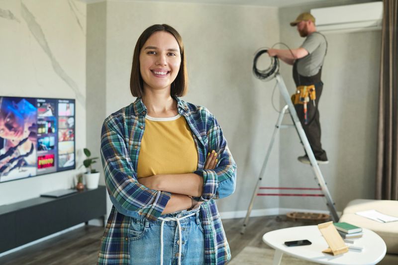 Portrait of young adult Caucasian woman smiling with arms crossed in modern living room while middle aged man installing air conditioning unit in background