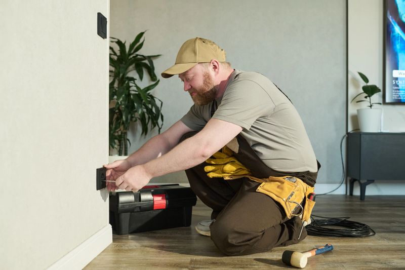 Caucasian middle aged man kneeling on floor installing electrical outlet using screwdriver, tool belt around waist, toolbox and hammer nearby, working in modern residential interior