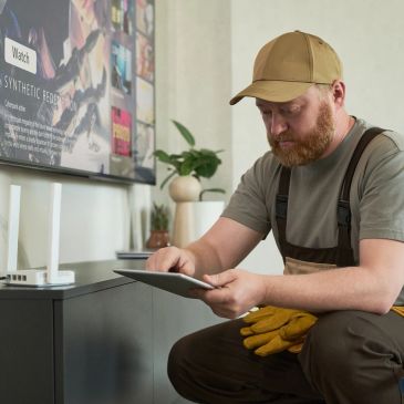 Technician using tablet to check settings in a living room.