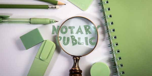 Magnifying glass highlighting 'Notary Public' surrounded by green stationery.